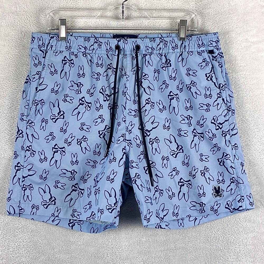 Psycho Bunny Swim Trunks Mens L Blue Drawstring Lined Preppy Summer Beach Y2K